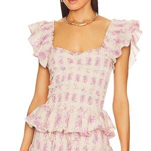 LoveShackFancy, Compass Top, Floral Ruffle Smocked Top - Pink and Cream